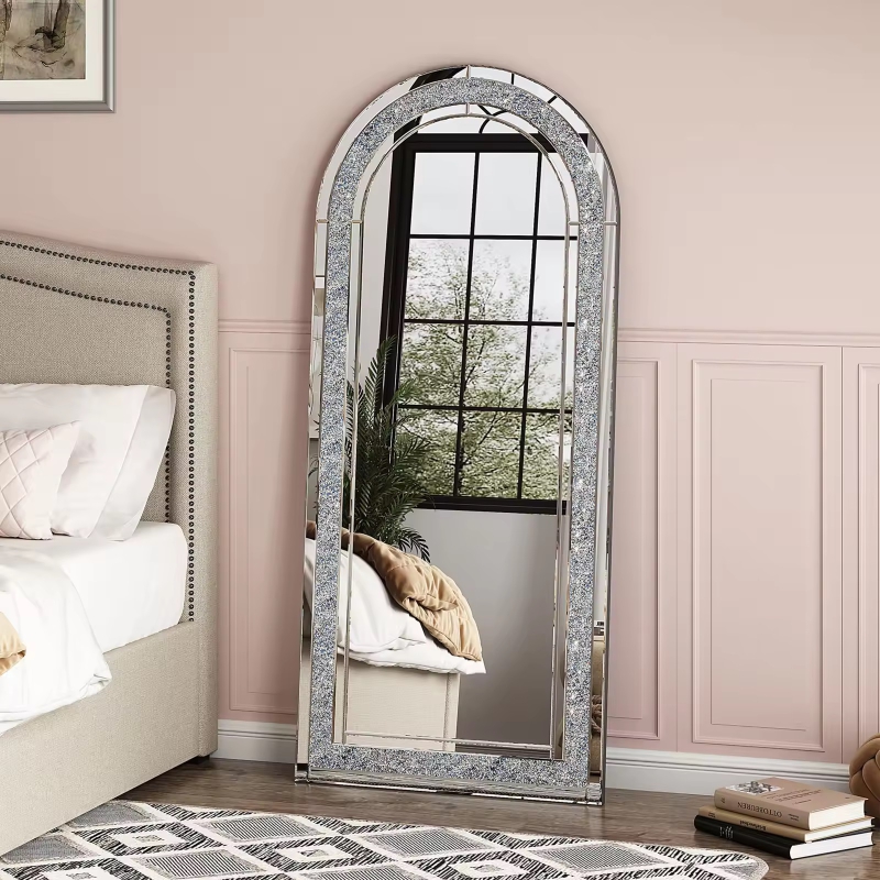 Custom Size and Color Glass Framed Arched-Top floor mirror with Crushed Diamond